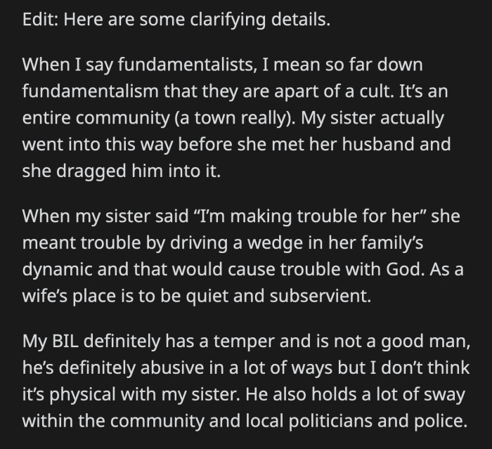 By trouble, she meant going out of the traditional meek wife role, which is a sin against God.