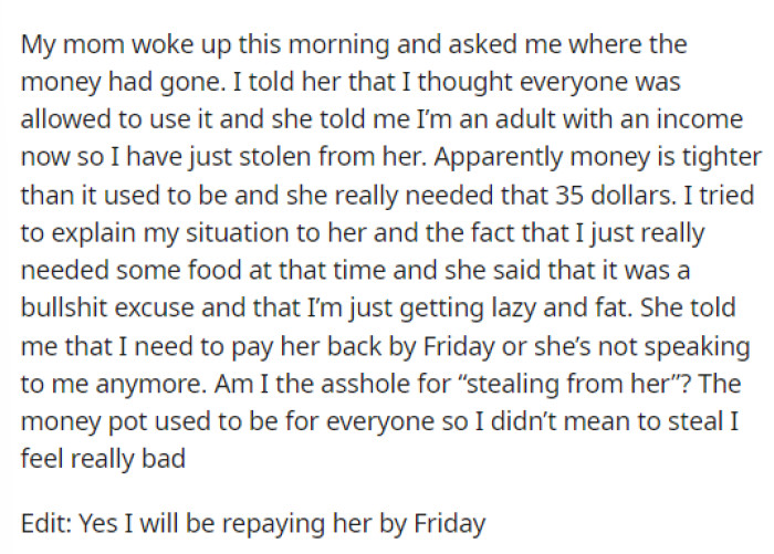 This is when she goes into detail about how her mom approached her regarding the money that was missing from the jar.