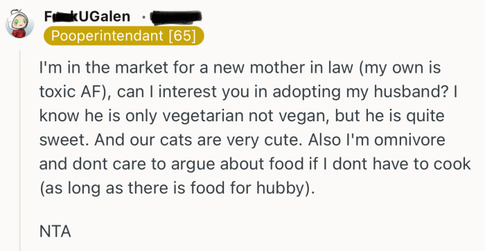 “I'm in the market for a new mother in law (my own is toxic AF), can I interest you in adopting my husband?”