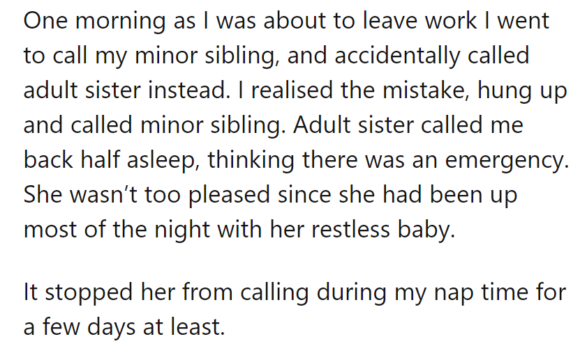 Dialed the wrong sibling, got a wake-up call back. Nap time spared—for a while!