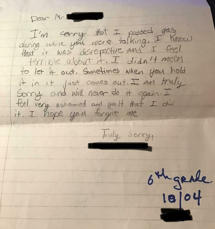 "A Letter I Wrote To My Middle School Principal After I Farted In The Middle Of His Speech"