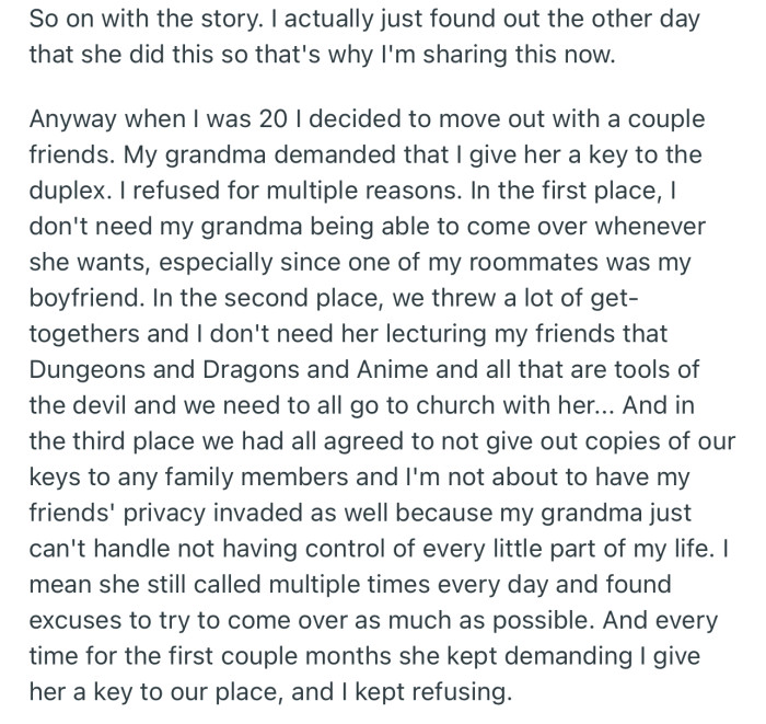 OP Shared That They Finally Moved Out When They Were 20, but Their Grandmother Kept Requesting a Spare Key to Their Shared Apartment