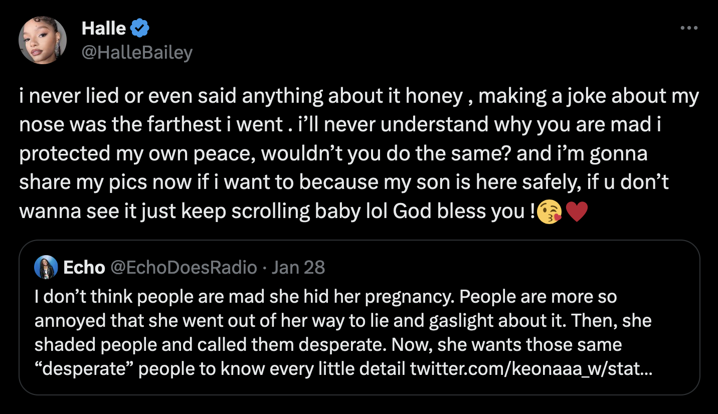 Halle stated she never lied about her pregnancy. She joked about her nose and questioned why they were upset about her decision to protect her peace.