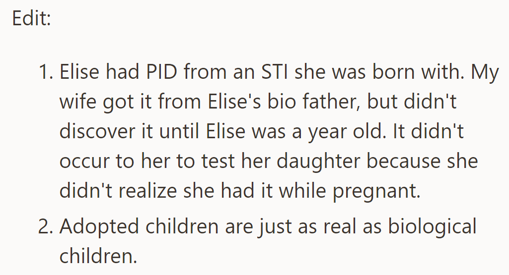 Elise got PID from her biological father; her mother didn't realize until she was a year old. Adopted children are equally valid.