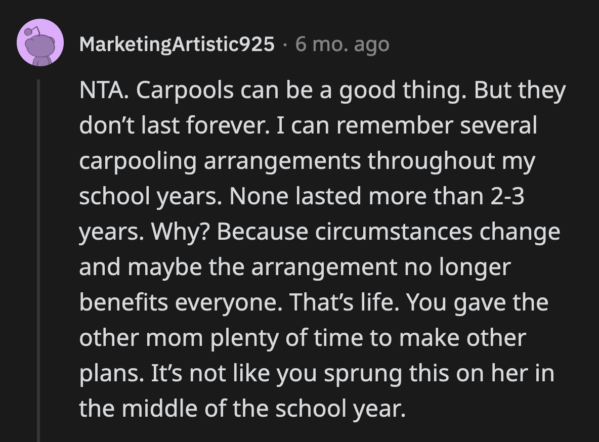 OP gave the other mom plenty of time to find others with whom she could carpool. OP is not to blame for the other mom's plans not panning out.