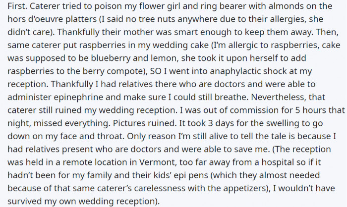 9. The caterer ruined her wedding and caused her anaphylactic shock
