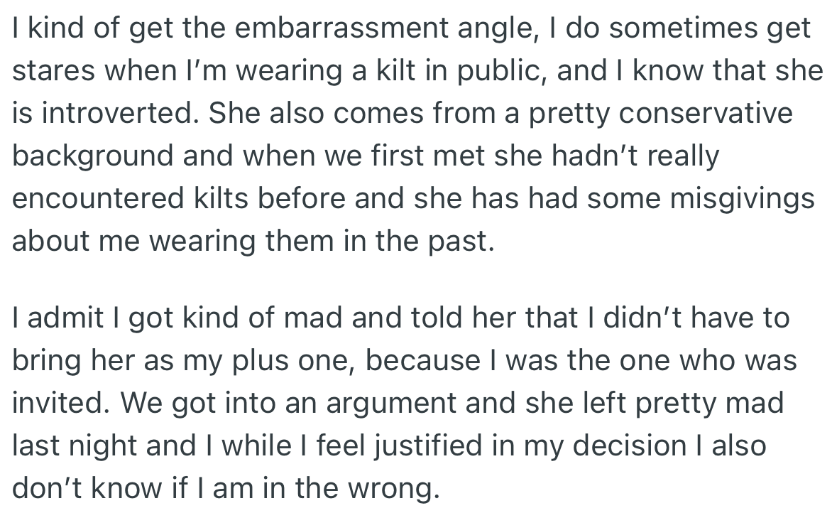 OP understood that Sara’s background gave her a negative feeling about his attire; however, he was upset and informed her that she did not have to go with him, which made her angry.