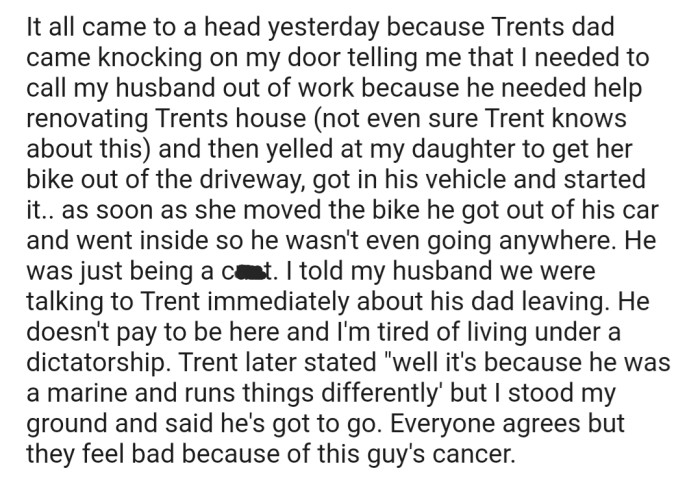 Everyone has agreed that Trent's dad needs to go. But no one is happy doing this because his dad has cancer
