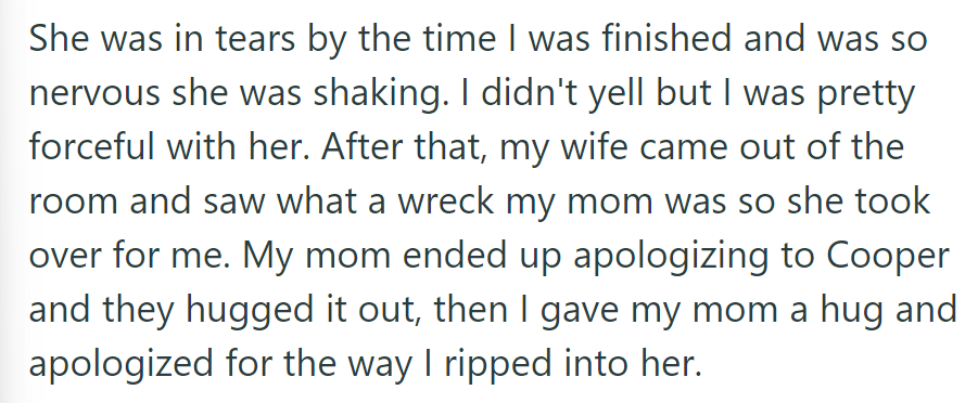 OP's forceful confrontation left his mother in tears and shaking. His wife intervened, facilitating apologies among them all.