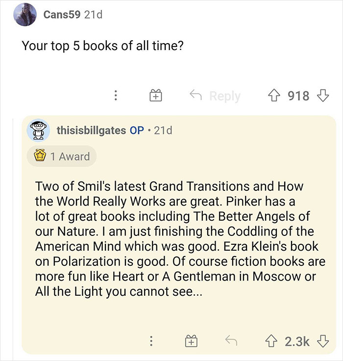 20. Gates reveals his top books of all time