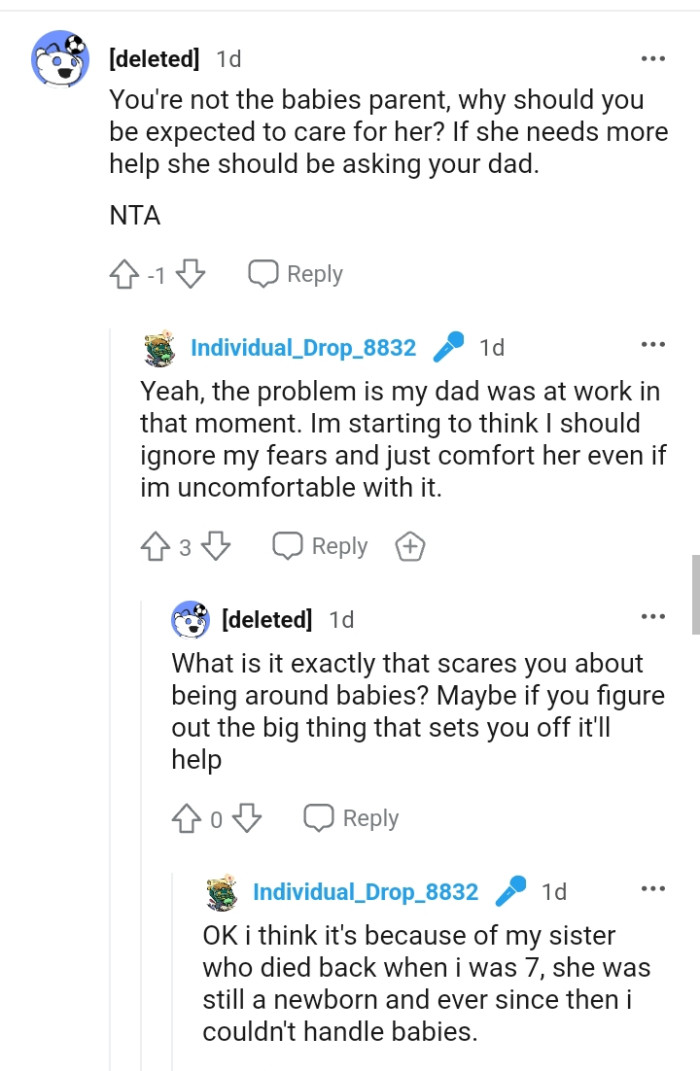 OP's mom should ask his dad if she needs help, as the redditor is not the baby's parent