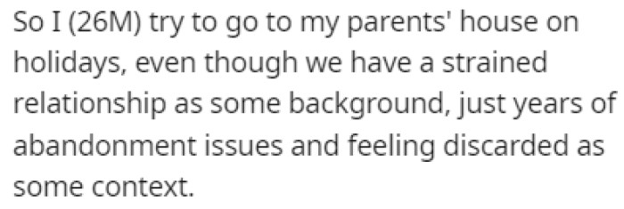 OP has a strained relationship with his parents but he still visits for the holidays