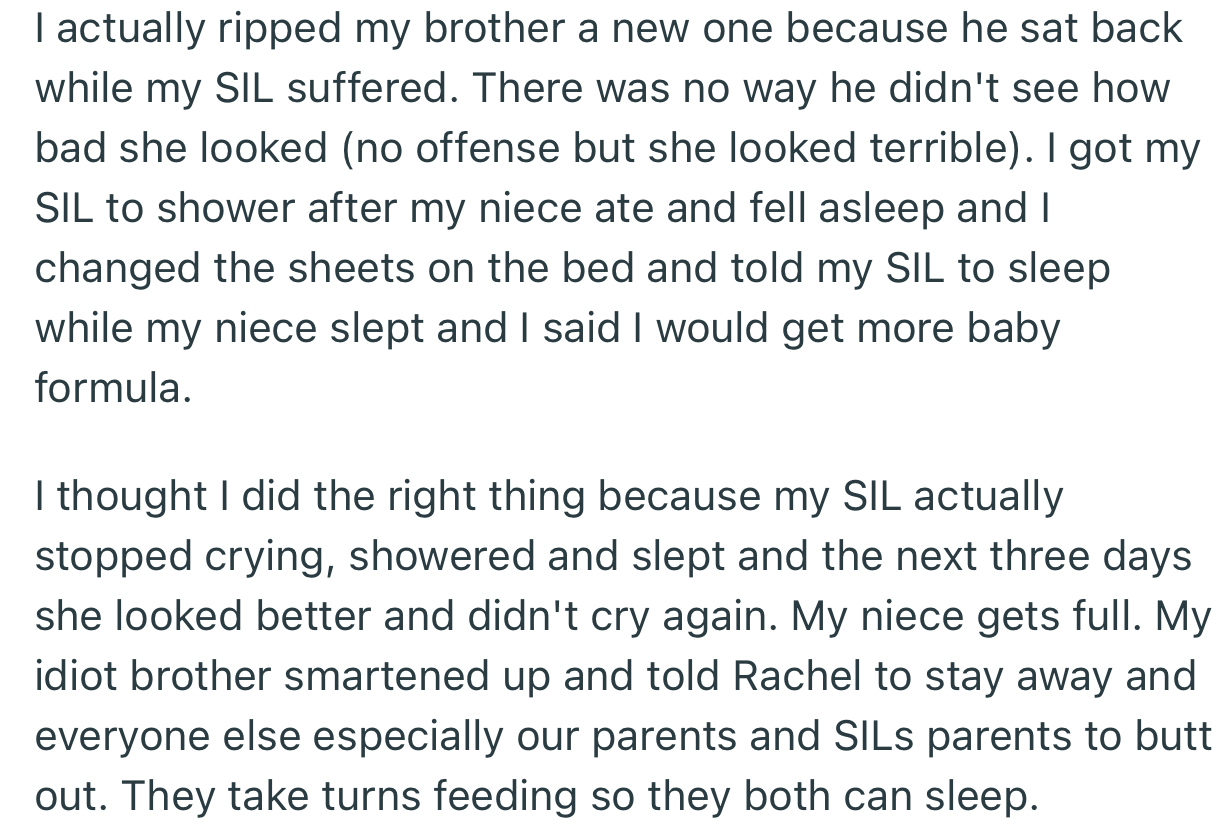 OP ripped into her brother for allowing his wife to get depressed rather than giving her an alternative to breastfeeding