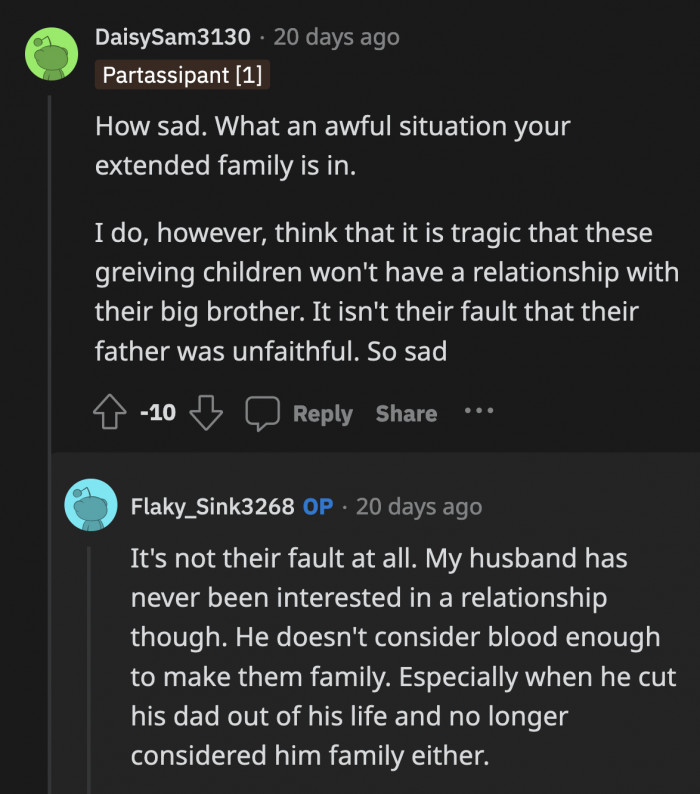 It is a sad situation, especially for the kids, but it is not OP's or her husband's responsibility — they are practically strangers
