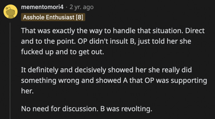 OP's fierce reaction was enough to tell Barbara how badly she messed up