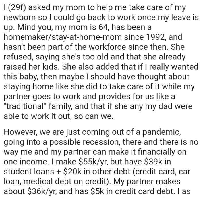 If the OP really wanted this baby, then maybe she should have thought about staying home