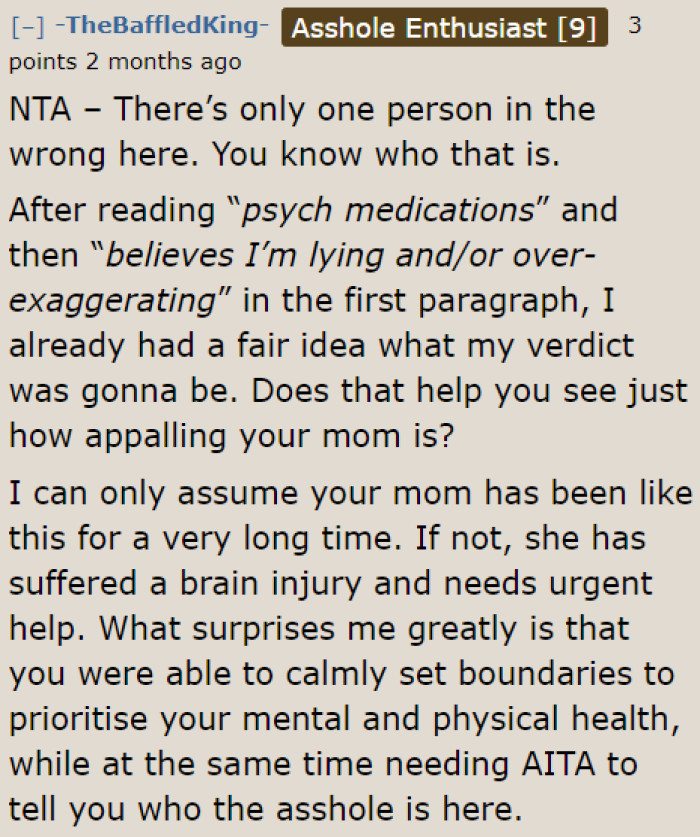 Community members are making the OP realize how horrible her mother is.