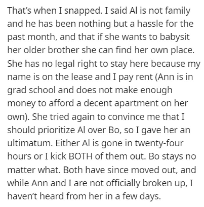 OP stood up for his dog, and both his girlfriend and her brother ended up leaving the apartment, but Bo stayed