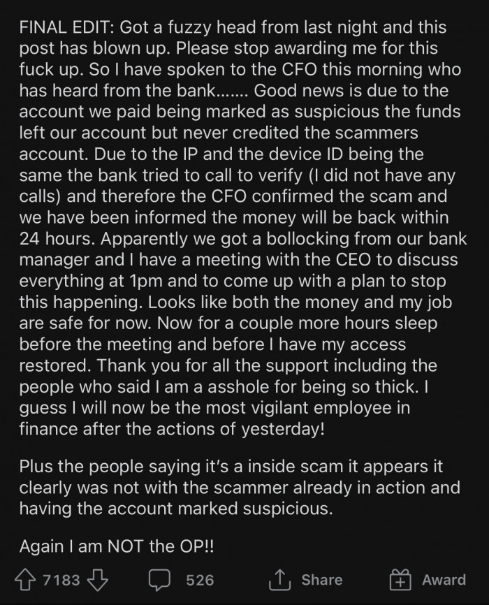 And finally, OP made the last edit and revealed what ended up happening to them.