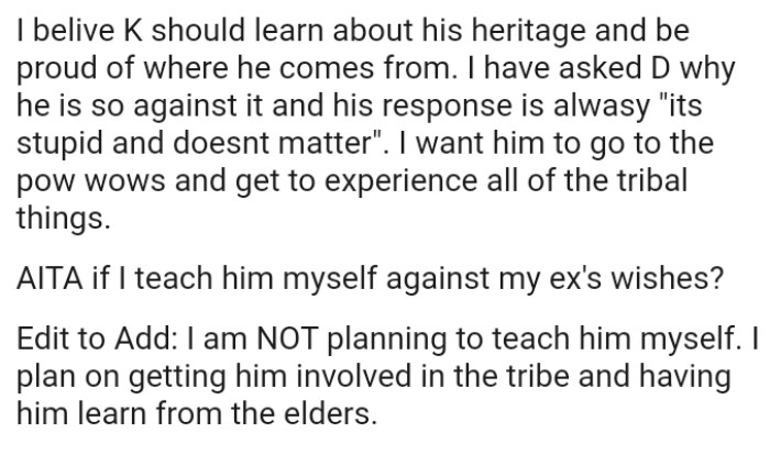 OP believes her son should learn about his heritage and be proud of where he comes from