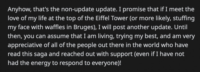 OP did promise to keep everyone updated if she gets swept off her feet while in Europe