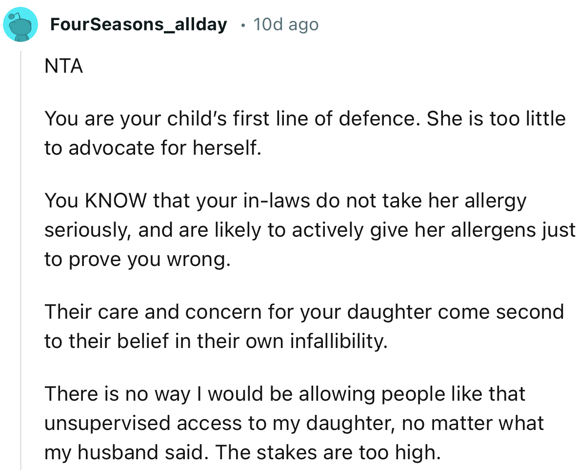 “NTA. You Are Your Child’s First Line of Defense. She Is Too Little to Advocate for Herself.”