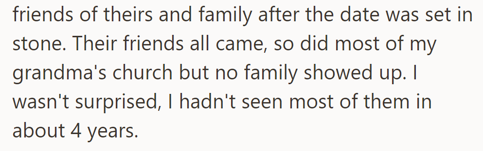 They notified friends and family. Friends and church members came, but no family, which wasn't surprising after years of no contact.