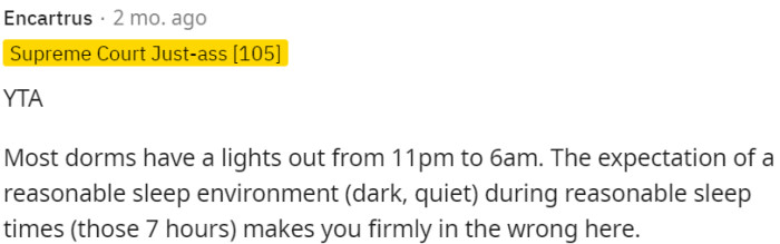 Respecting the designated lights-out period and providing a conducive sleep environment is essential in shared dorms during reasonable sleep times.