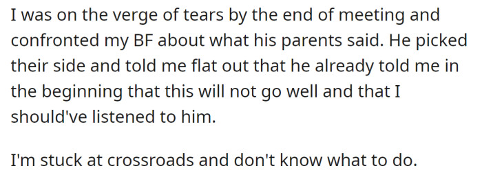 Unfortunately, her boyfriend took his parents' side: