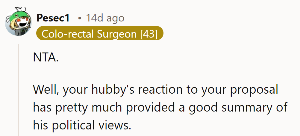 She's NTA. Her husband's reaction to her proposal speaks volumes about his political views.