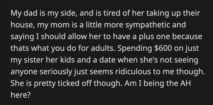 While their mom is siding with OP's sister because a plus one is normal for adults. OP doesn't want to spend $600 for his sister's family alone but he is worried that he is treating her unfairly.