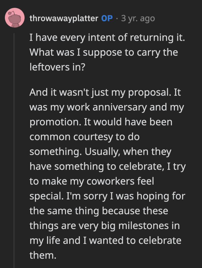 No. Common courtesy was to acknowledge your proposal and congratulate you, which they did. If OP really felt like celebrating, she should have brought the cake to share with everyone.