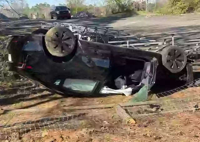 The Tesla Flipped After Crashing into the Tree.
