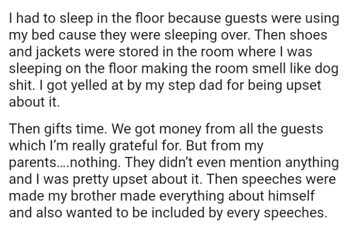 The OP received money from all the guests, which she is really grateful for, but from her parents, she got absolutely nothing