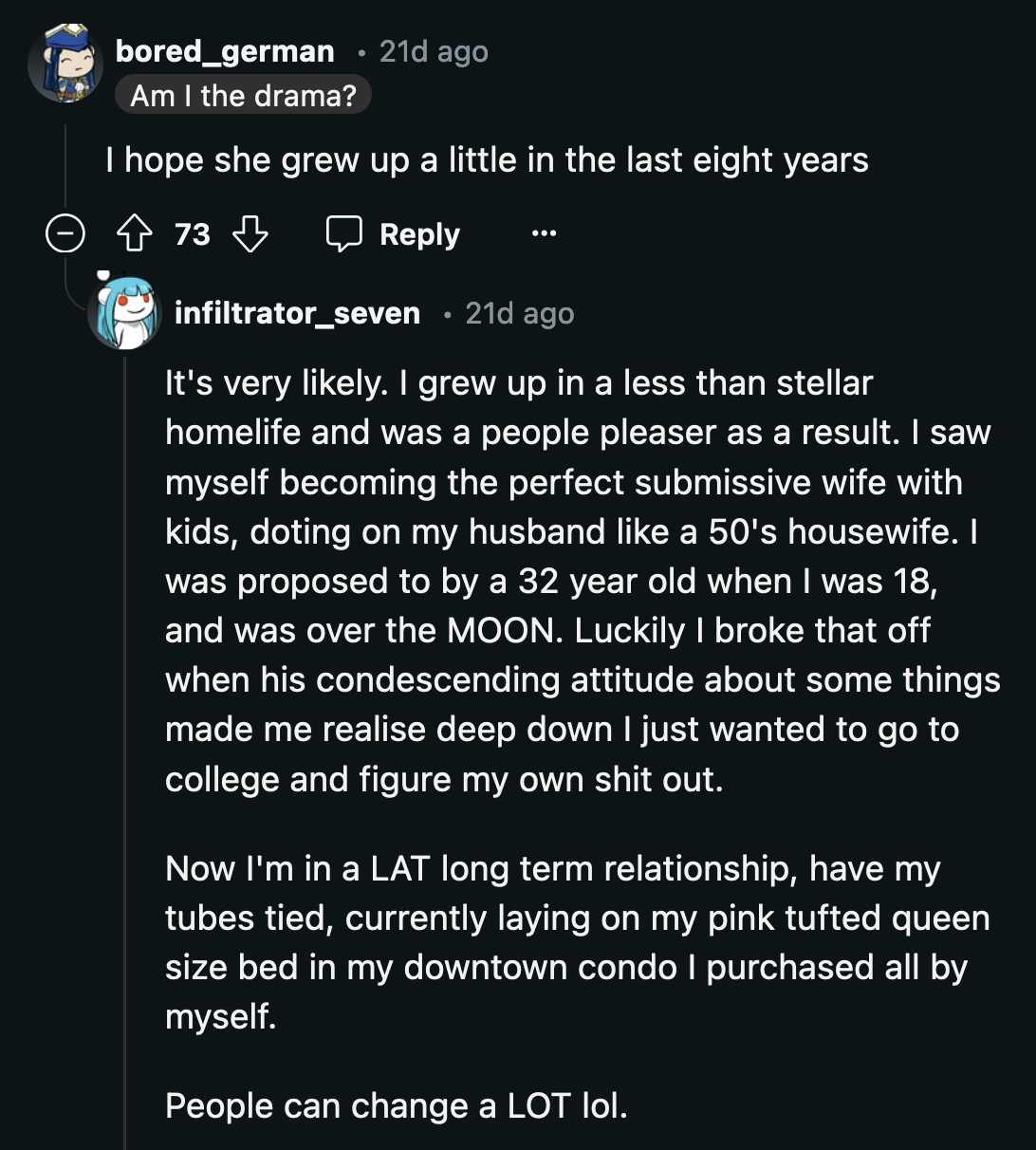 Redditors who read OP's story recently hoped she had matured over the years.