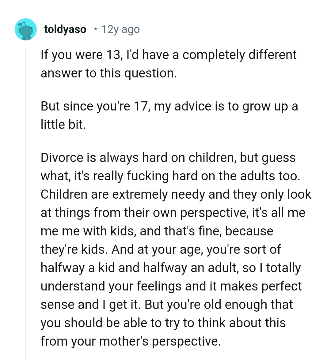 This Redditor is advising the OP to grow up a little