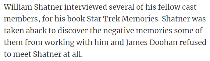 Shatner was taken aback when he discovered the negative memories that some of them had