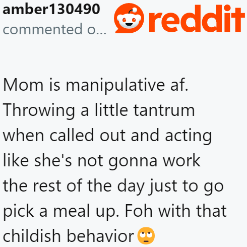 Unfortunately, the mom is showing childish behavior. She should have just bought her own food if she could buy the OP a replacement for what she ate.