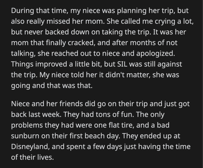 OP's niece was heartbroken. Eventually, her sister-in-law called her daughter and apologized. OP's niece had a lot of fun with her friends during their trip and didn't face many issues on the road.