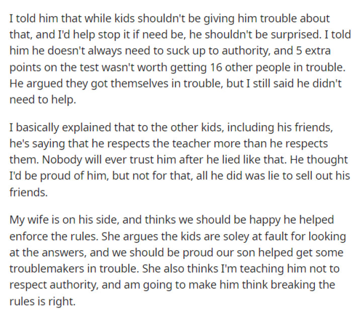 He explained his side of why he wasn't happy with his son for this, while also giving us his wife's perspective on why his son should be praised for it.