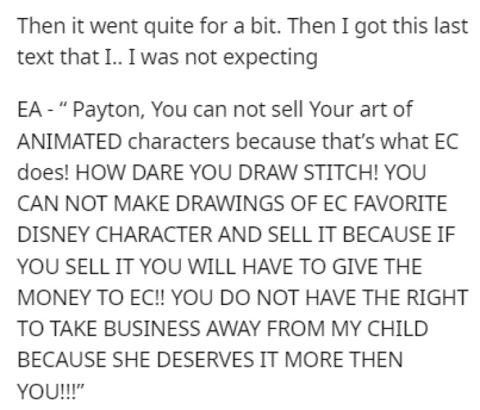 The mother accused OP of taking business away from the cousin