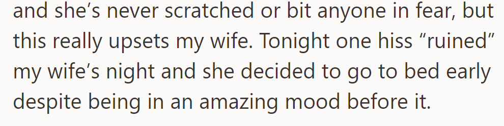 The cat's hissing, though not aggressive, upsets his wife, ruining her night despite her good mood.