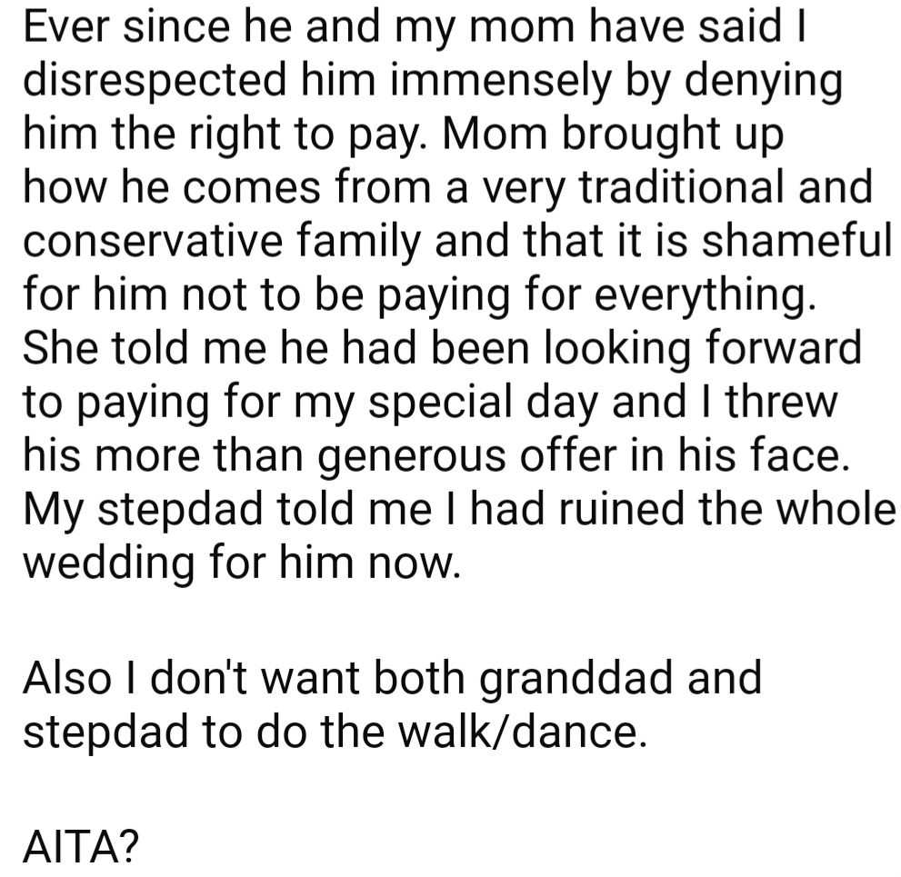 OP’s mom berated her for declining her stepdad’s request, especially since it was traditional for a father to sponsor their child’s wedding in his family