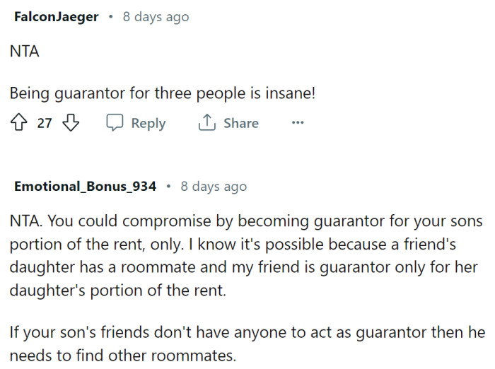 Guaranteeing for three people is insane, but there are options to support only their son