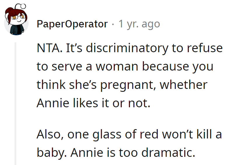 Discrimination isn't a pour Annie should be serving. One glass won't rattle the crib, but her drama might.