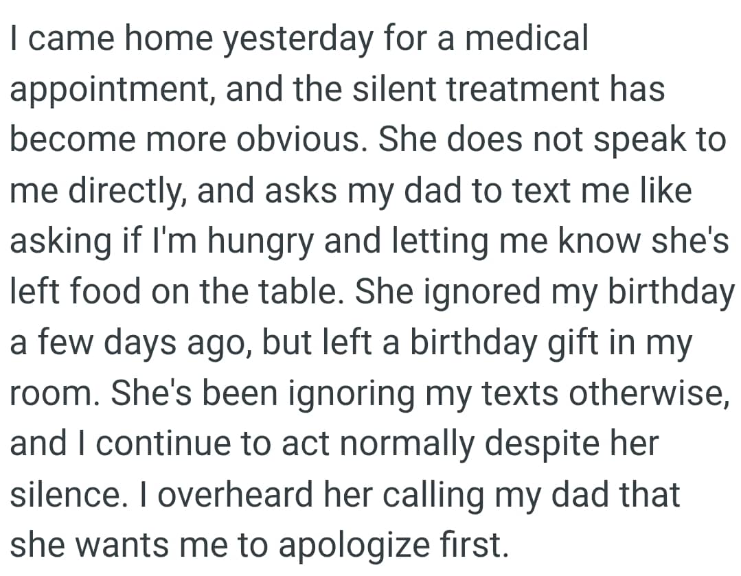 She ignored OP's birthday a few days ago, but left a birthday gift in her room