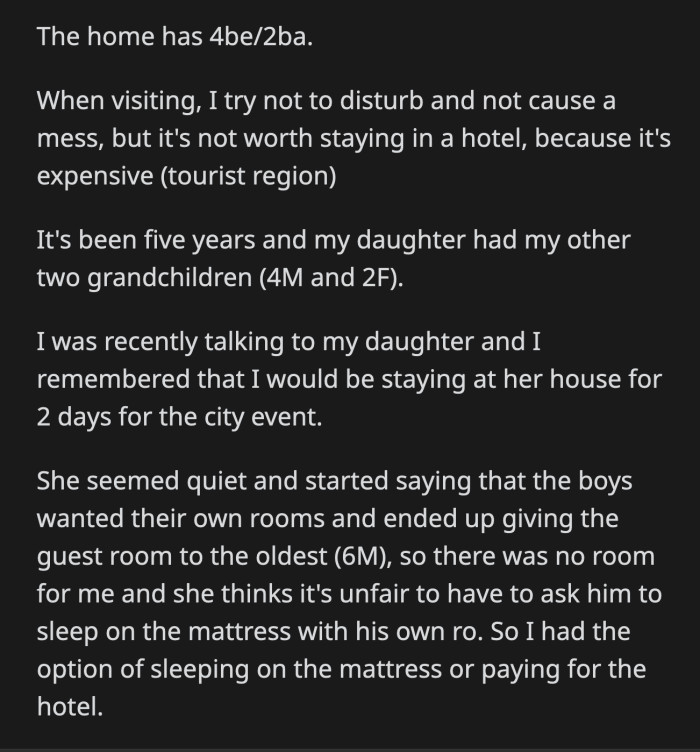 OP's daughter said it wouldn't be fair to ask her eldest, who is 6 years old, to sleep on a mattress in his own room.