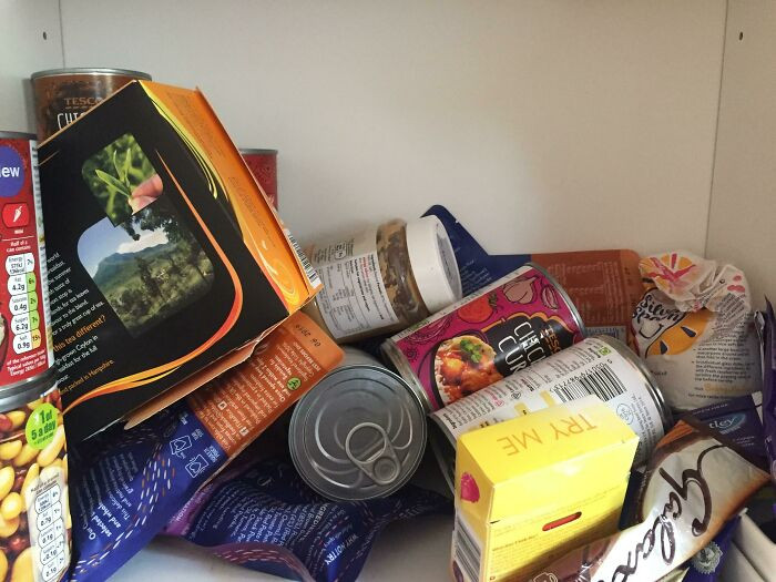 "My Boyfriend's Food Cupboard 😳 I Think He Must Upend His Shopping Bags Directly Into The Cupboard Rather Than Unpack"