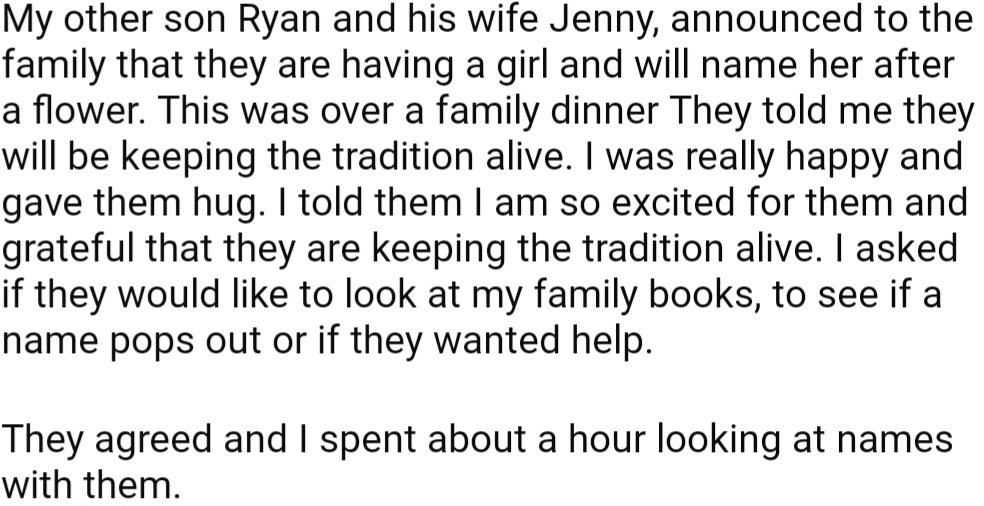 OP's Son Ryan and His Wife Jenny Announced They're Having a Baby Girl and Will Name Her After a Flower. This Was in Line with the Family Tradition.