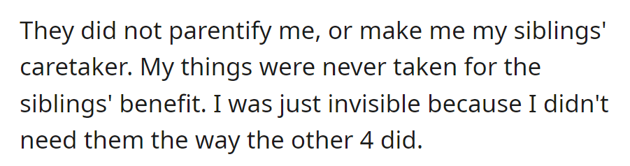 Unburdened by caretaking, their invisibility stemmed from lesser reliance on family than their siblings.